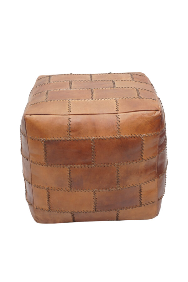 Rustic Stitch Tan Leather Pouf - Image 2