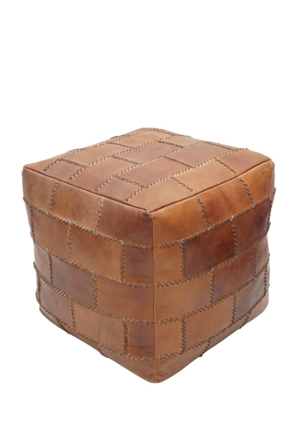 Rustic Stitch Tan Leather Pouf