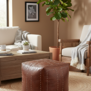 Hand-Stitched Leather Cube Ottoman