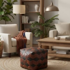 Geometric Patchwork Leather Cube Ottoman