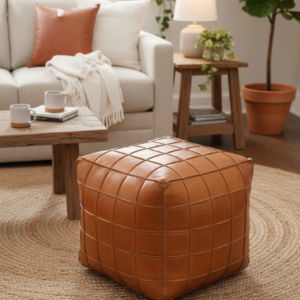 Grid-Stitched Leather Cube Ottoman