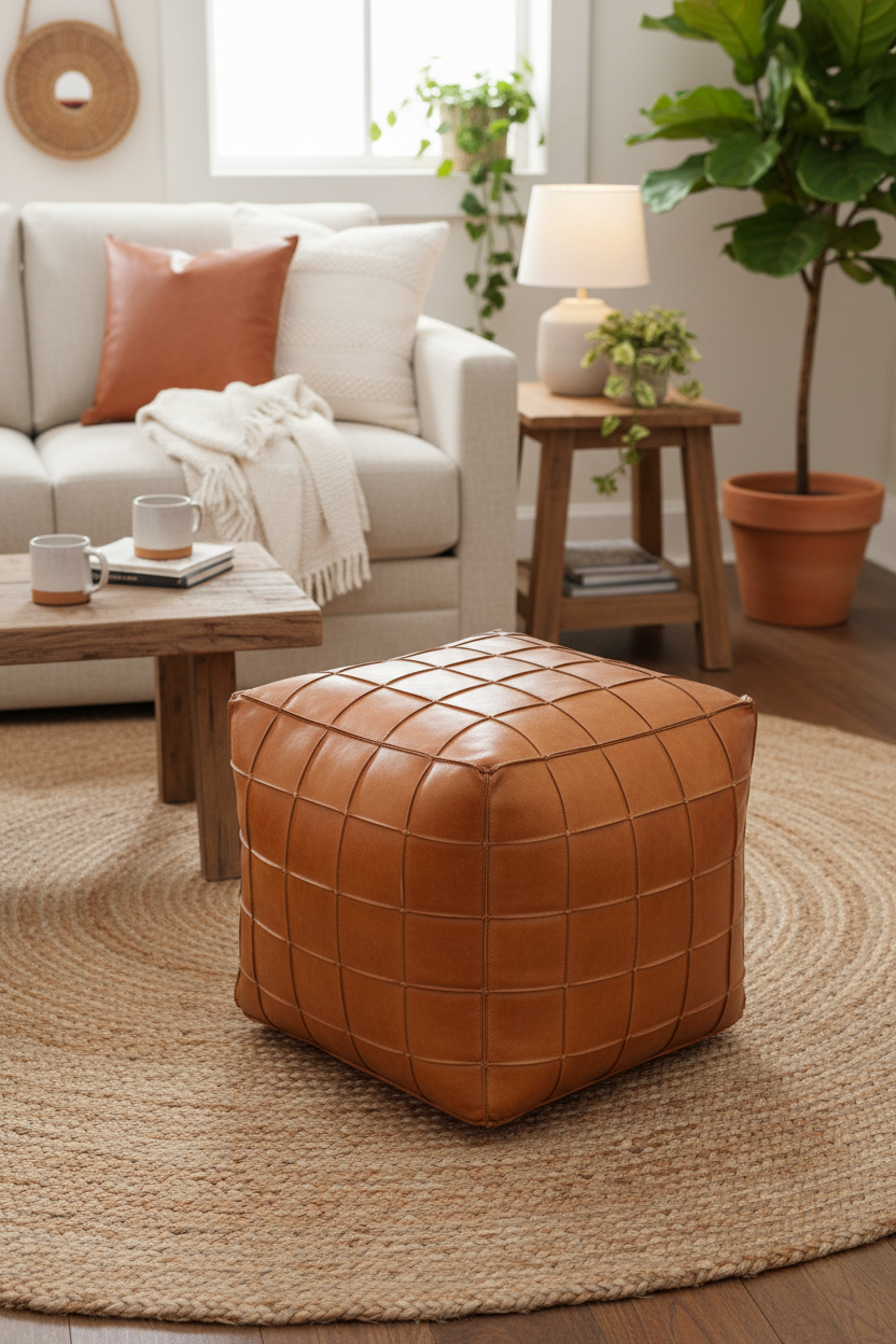 Grid-Stitched Leather Cube Ottoman