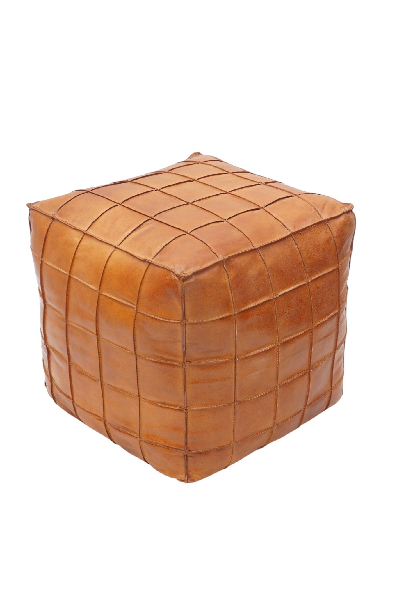 Grid-Stitched Leather Cube Ottoman - Image 4