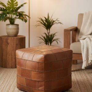 Hand-Stitched Patchwork Leather Cube Ottoman
