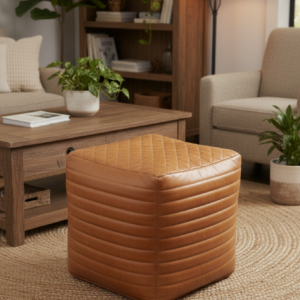 Quilted Leather Cube Ottoman