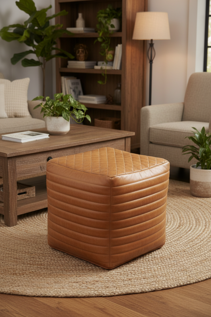 Quilted Leather Cube Ottoman