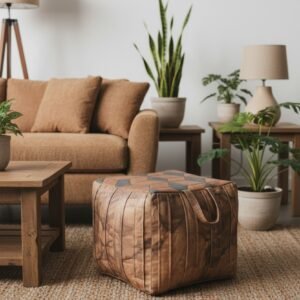 Vintage Patchwork Leather Cube Pouf Ottoman with Handle
