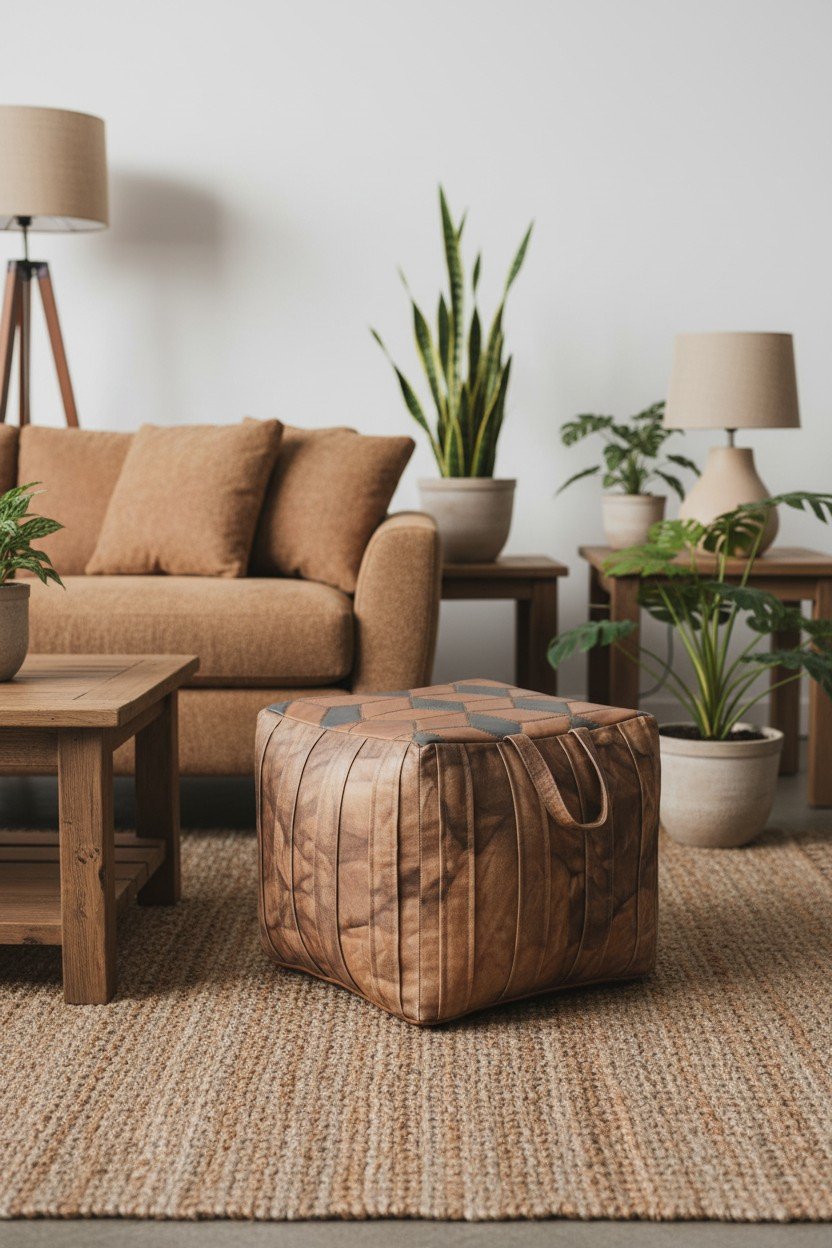 Vintage Patchwork Leather Cube Pouf Ottoman with Handle