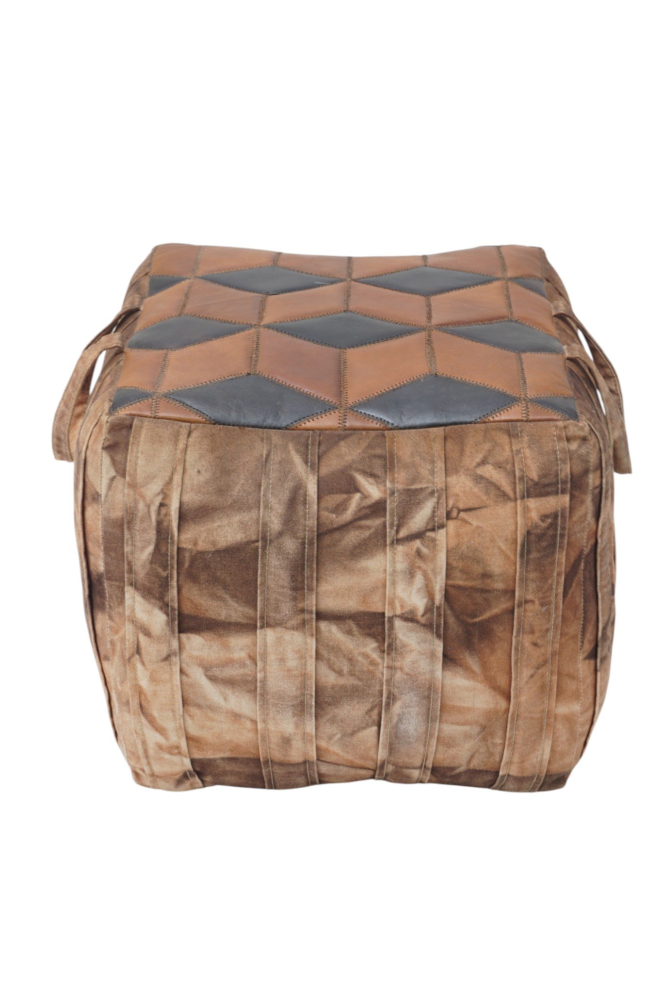 Vintage Patchwork Leather Cube Pouf Ottoman with Handle - Image 2