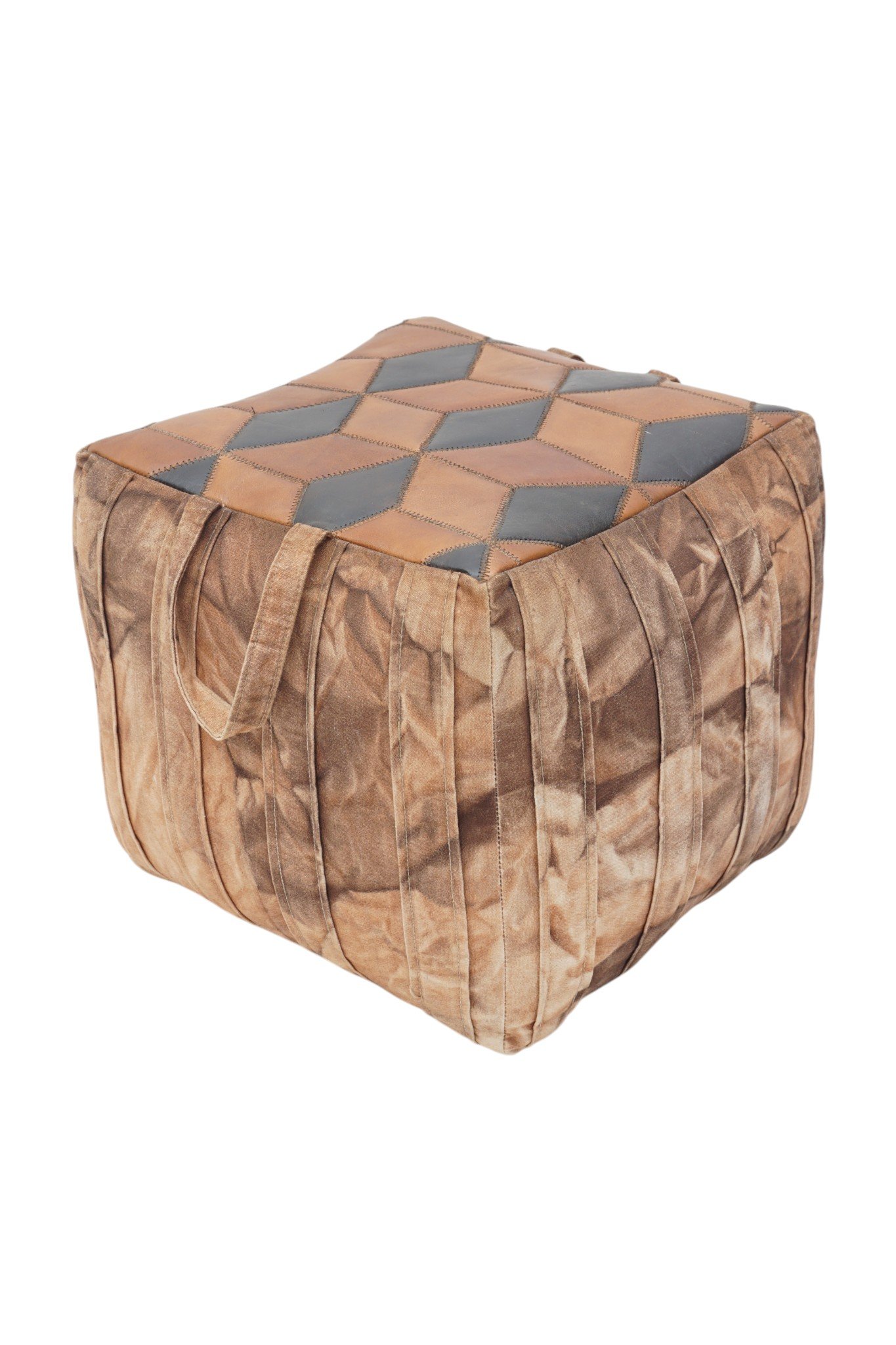 Vintage Patchwork Leather Cube Pouf Ottoman with Handle - Image 3