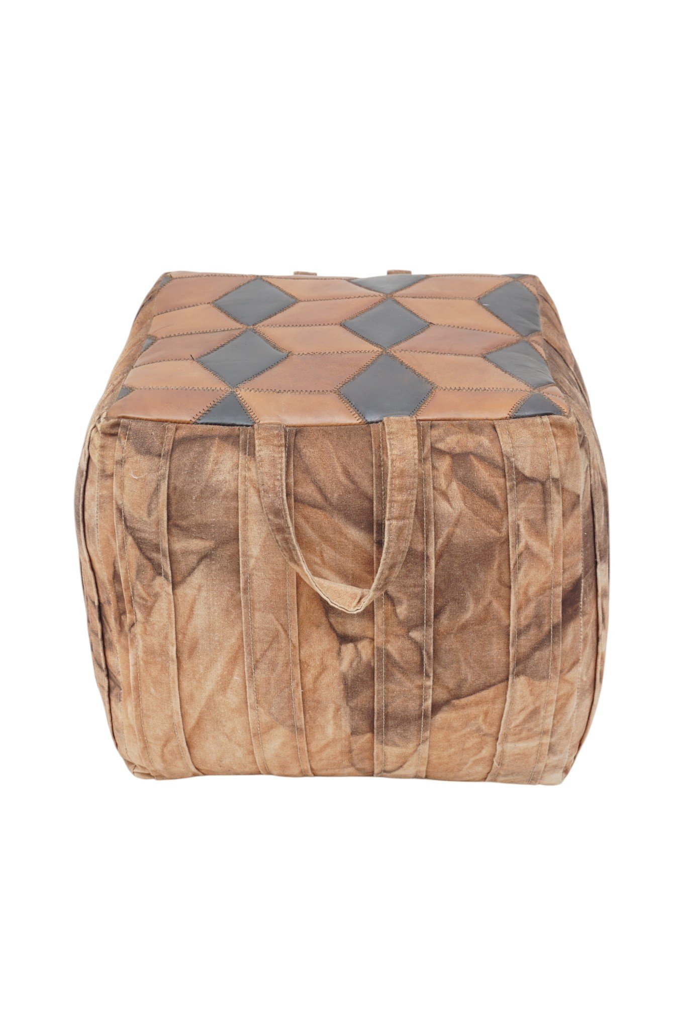 Vintage Patchwork Leather Cube Pouf Ottoman with Handle - Image 5