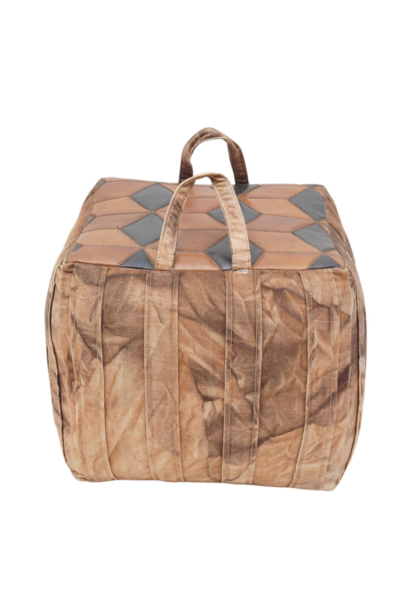 Vintage Patchwork Leather Cube Pouf Ottoman with Handle - Image 4
