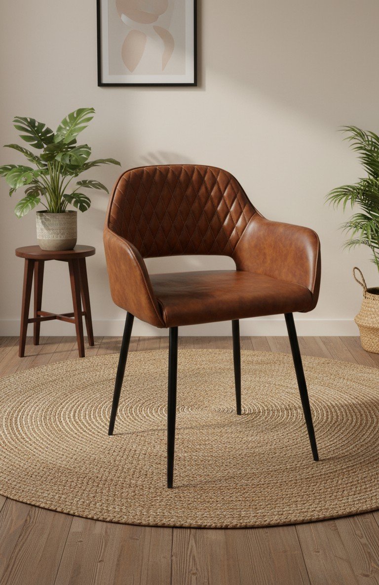 Diamond Quilted Leather Barrel Dining Arm Chair