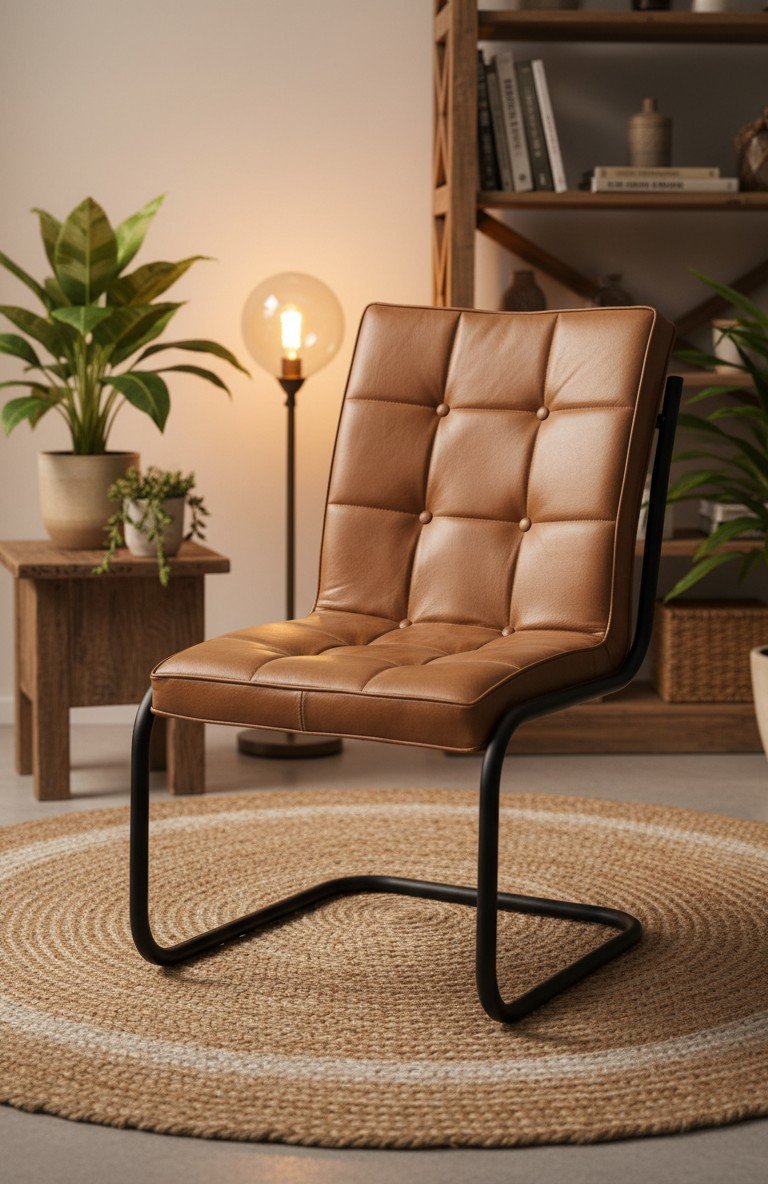 Modern Tufted Leather Cantilever Dining Chair