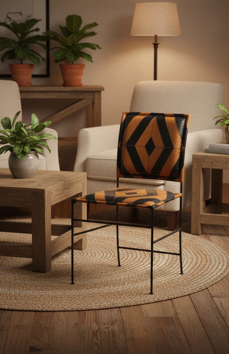 Geometric Patchwork Leather Dining Chair with Iron Frame