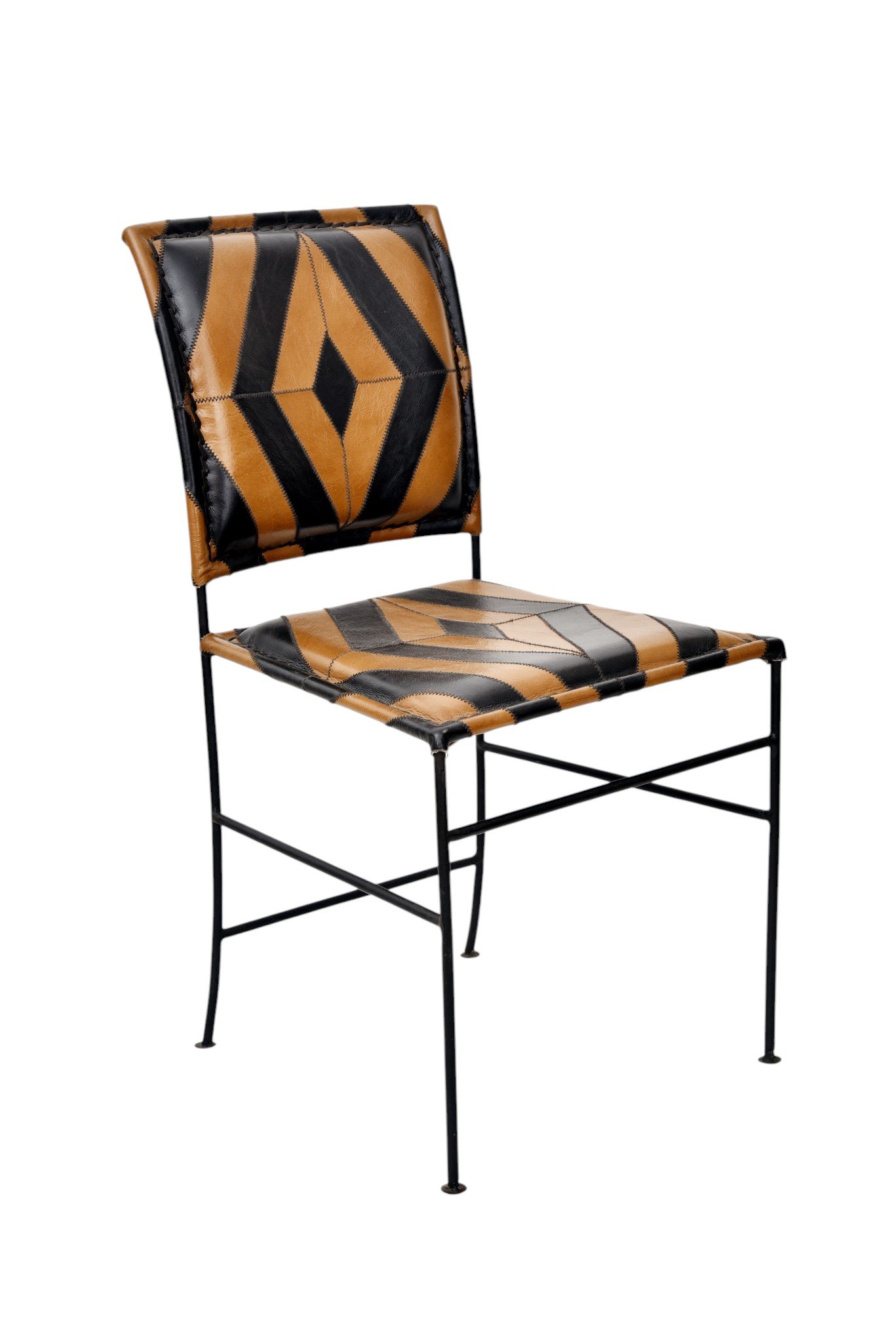 Geometric Patchwork Leather Dining Chair with Iron Frame - Image 4