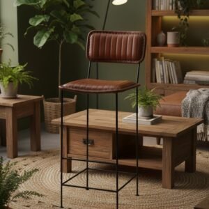 Ribbed Leather Bar Chair with Iron Frame