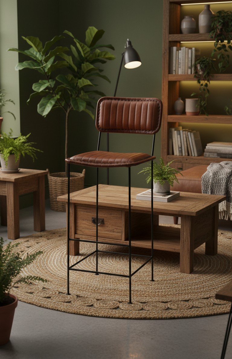 Ribbed Leather Bar Chair with Iron Frame