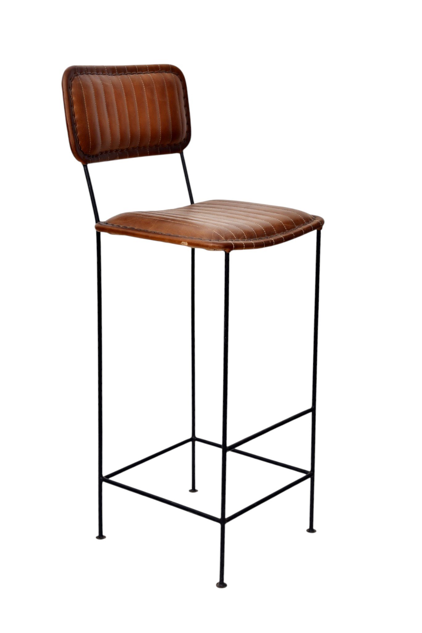 Ribbed Leather Bar Chair with Iron Frame - Image 2