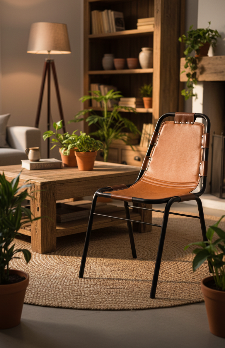 Sling Leather Dining Chair with Iron Frame