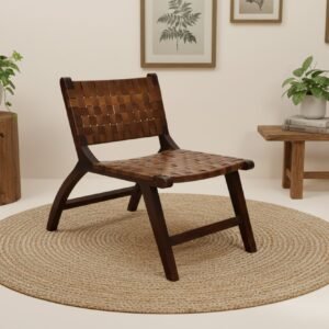 Handwoven Leather Accent Lounge Chair with Solid Wooden Frame