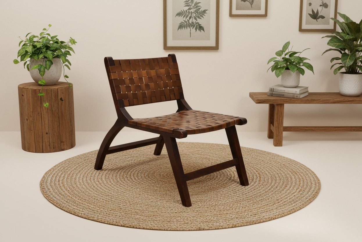 Handwoven Leather Accent Lounge Chair with Solid Wooden Frame