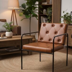 Modern Tufted Leather Lounge Accent Chair with Metal Frame
