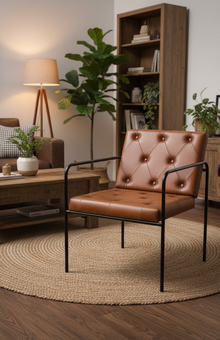 Modern Tufted Leather Lounge Accent Chair with Metal Frame