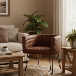 Diamond Quilted Leather Tub Accent Chair with Metal Hairpin Legs