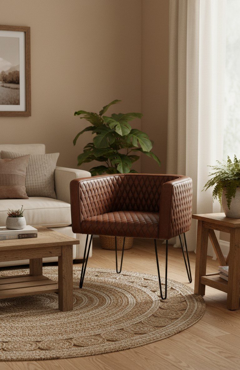 Diamond Quilted Leather Tub Accent Chair with Metal Hairpin Legs