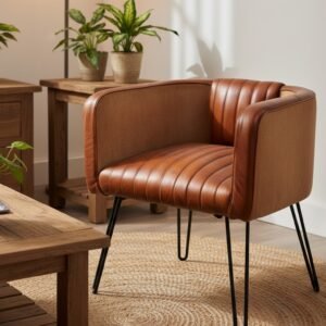 Modern Channel Tufted Leather Tub Chair with Metal Hairpin Legs