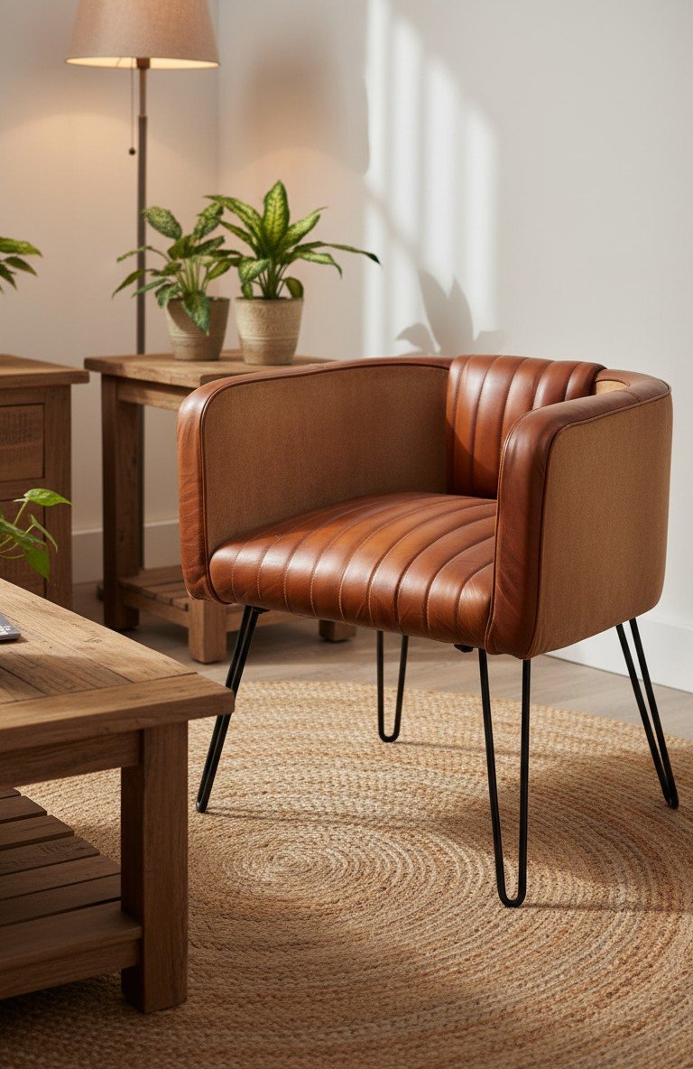 Modern Channel Tufted Leather Tub Chair with Metal Hairpin Legs