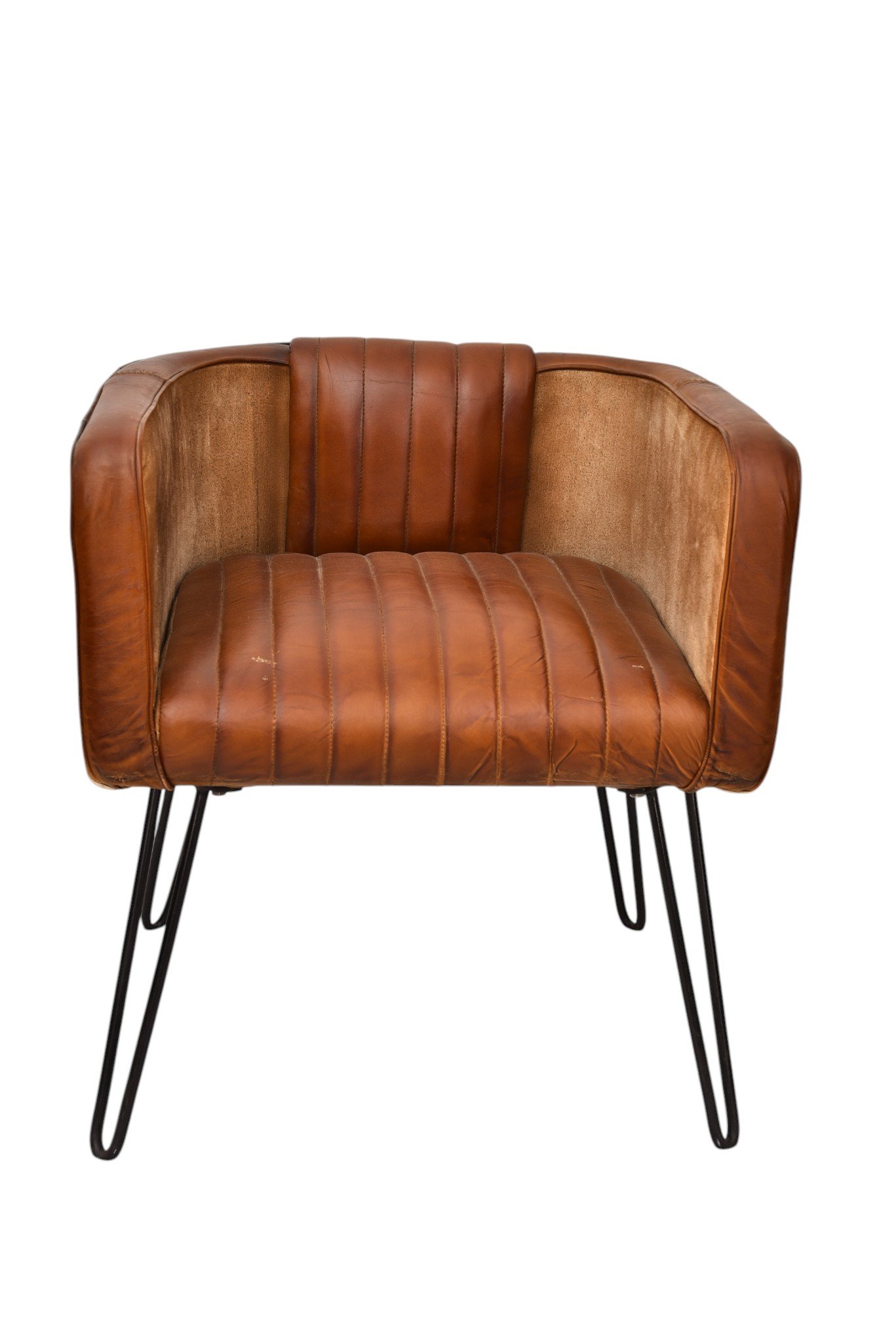 Modern Channel Tufted Leather Tub Chair with Metal Hairpin Legs - Image 2