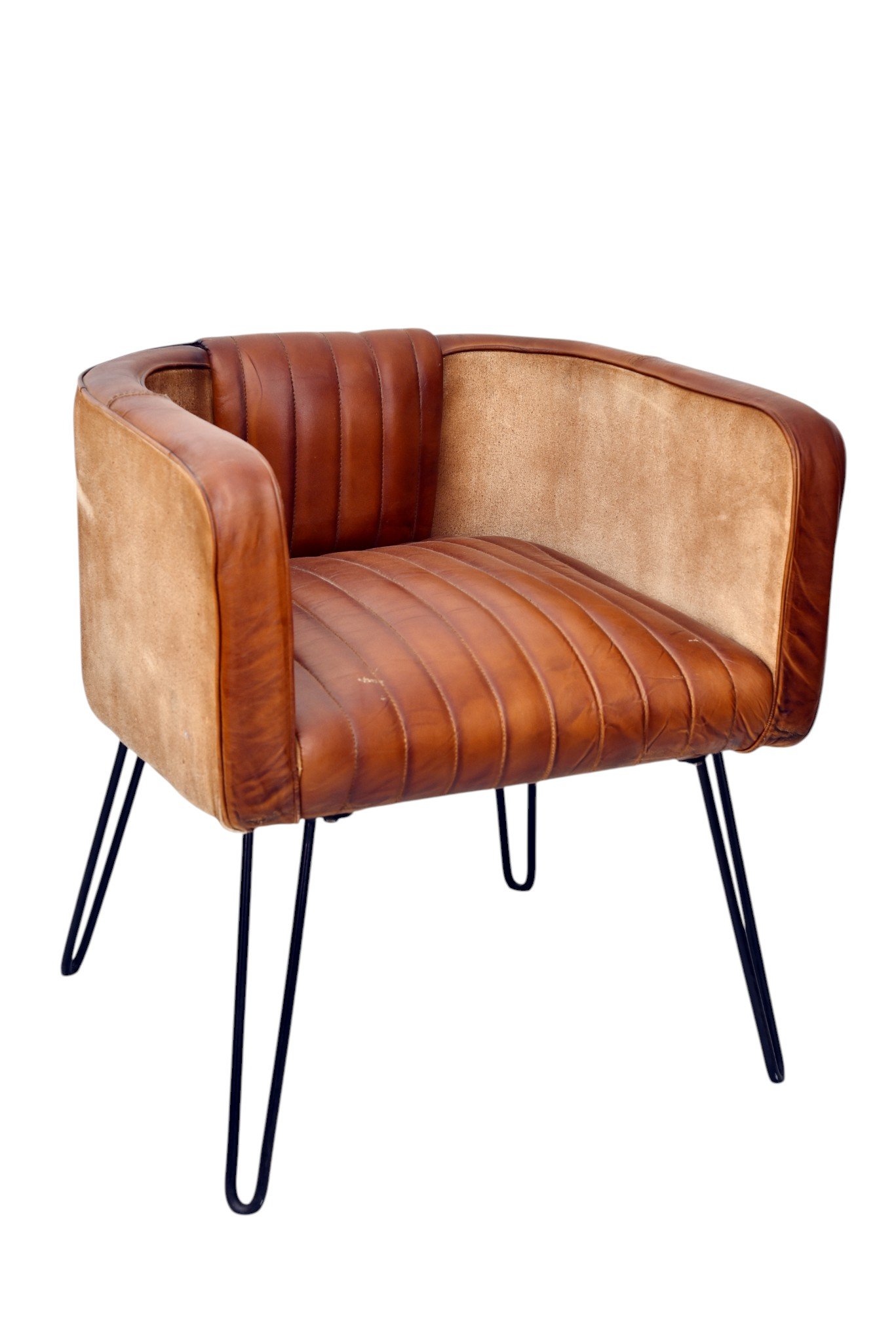 Modern Channel Tufted Leather Tub Chair with Metal Hairpin Legs - Image 5