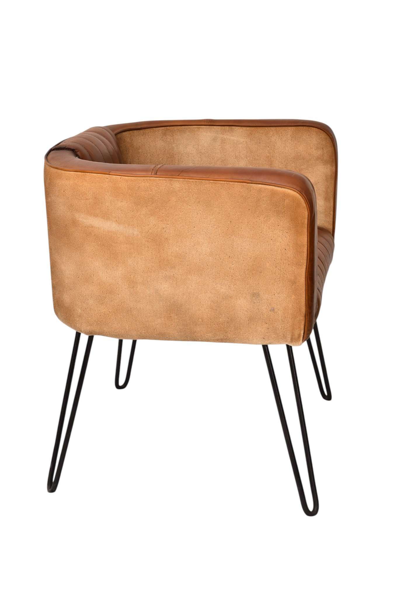 Modern Channel Tufted Leather Tub Chair with Metal Hairpin Legs - Image 4
