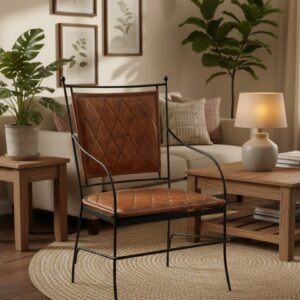 Vintage Quilted Leather Accent Chair with Handcrafted Metal Frame