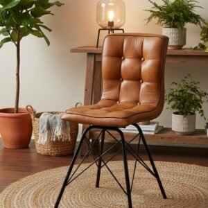 Modern Tufted Leather Dining Chair with Metal Eiffel Base