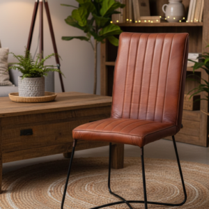 Modern Channel Tufted Leather Dining Chair with Cantilever Metal Base